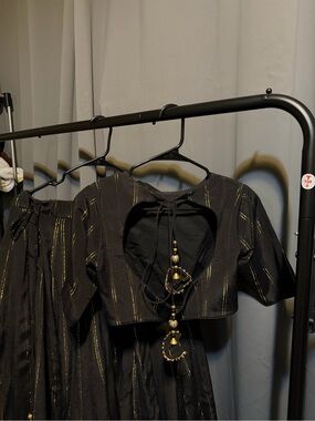 Black Crop Top and Skirt Set with Gold Threading. Size 34